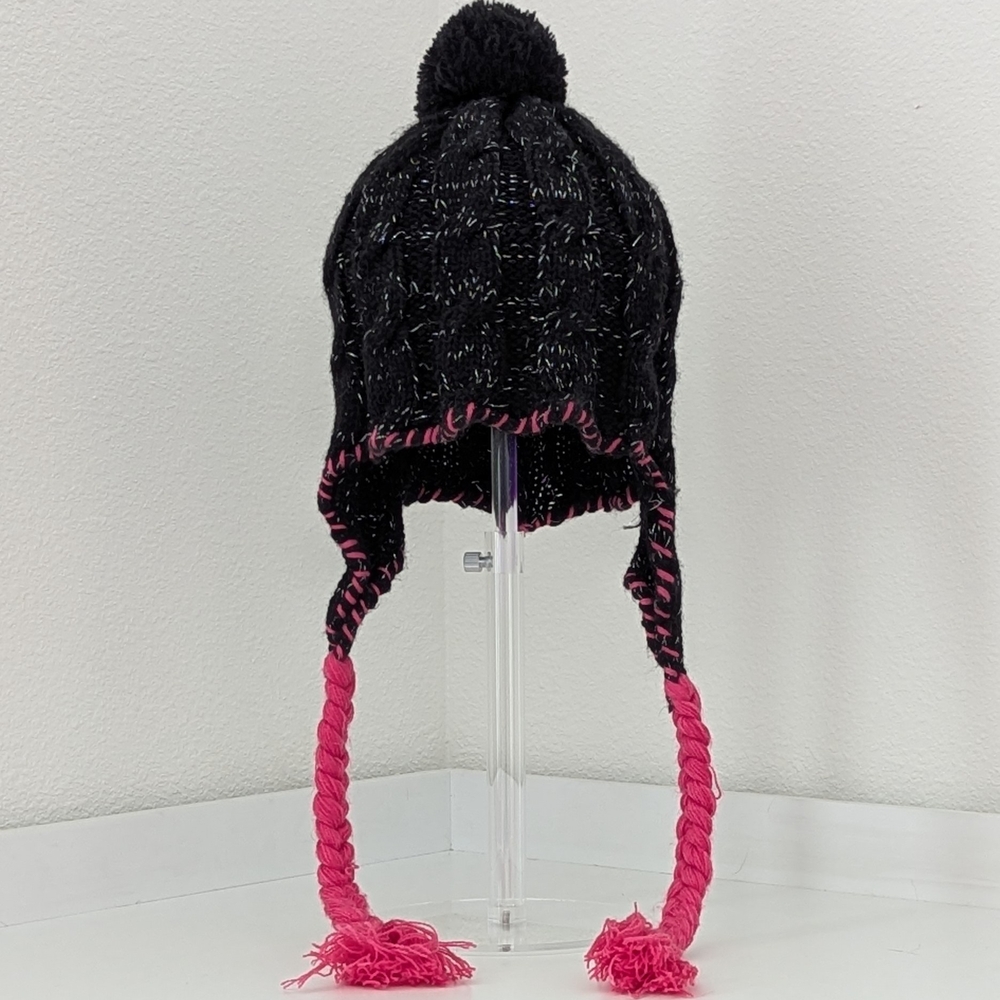 Playboy Brand Black and Pink Knit Pom Pom Beanie